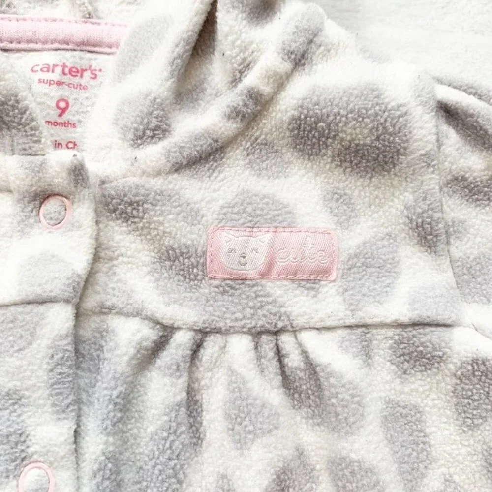 5/$25 Carter's Girl 9M Fleece Hooded Jumpsuit Grey Pink Leopard Print‎ One Piece